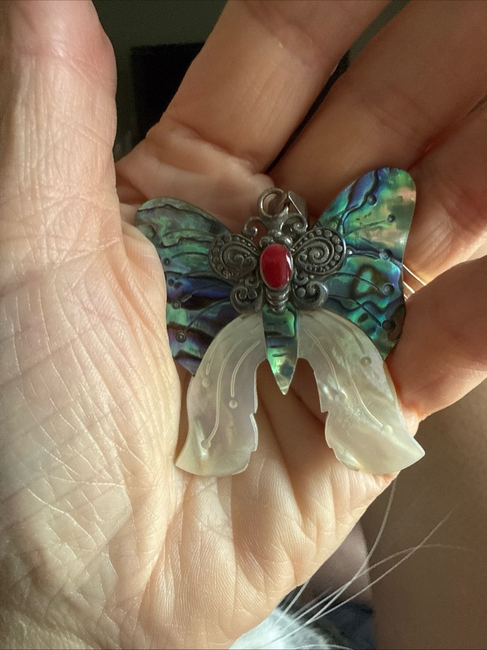 Butterfly Abalone Shell & Mother of Pearl Pendant with Red Accent